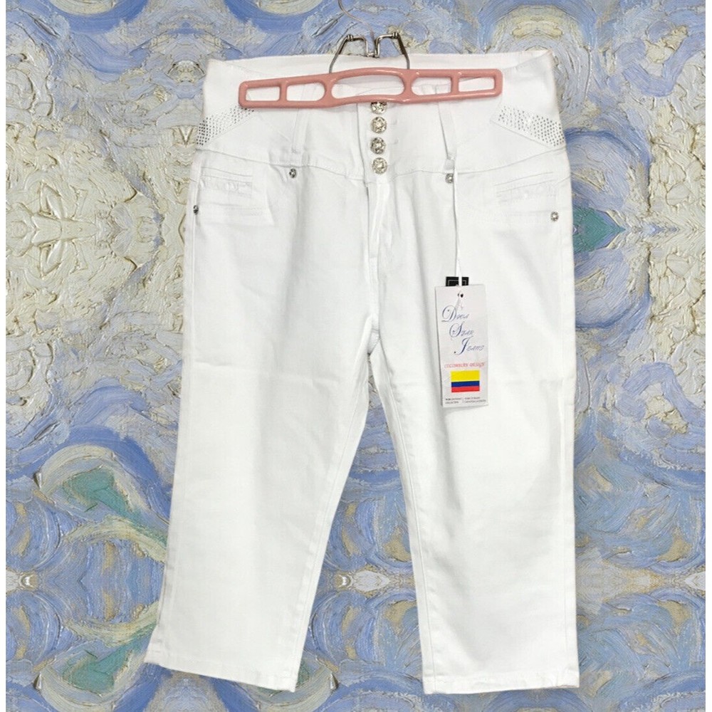 Diva Star Push Up Medium Rise Jeans White Capri Embellished